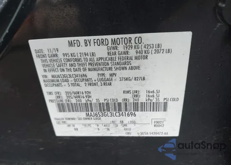 2020 Ford Ecosport Se z USA, uszkodzony, nr VIN MAJ6S3GL3LC341696